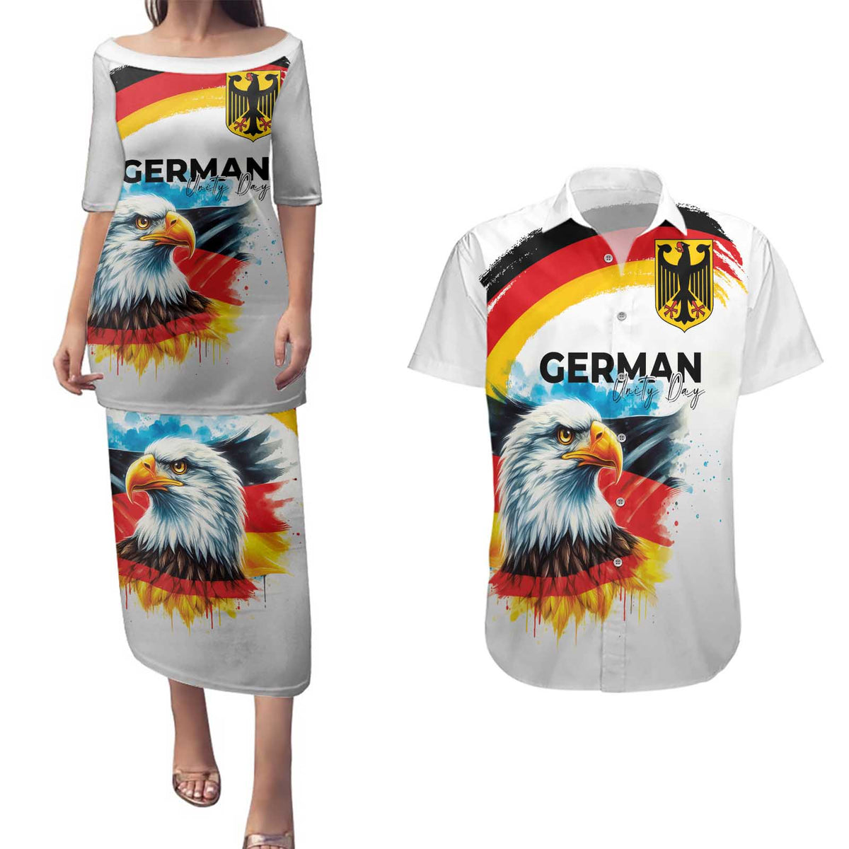 German Unity Day Couples Matching Puletasi and Hawaiian Shirt Germany Flag with Eagle Head and Emblem
