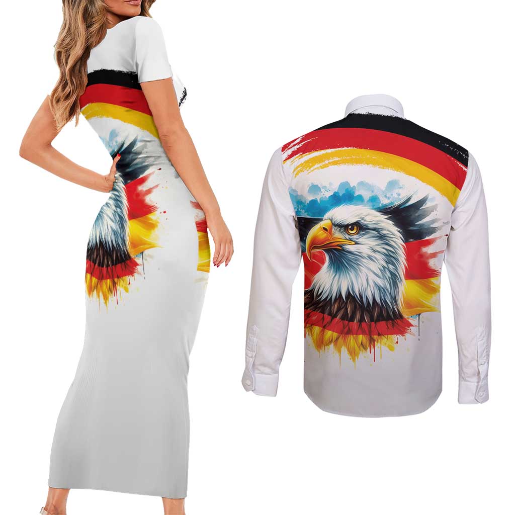 German Unity Day Couples Matching Short Sleeve Bodycon Dress and Long Sleeve Button Shirt Germany Flag with Eagle Head and Emblem
