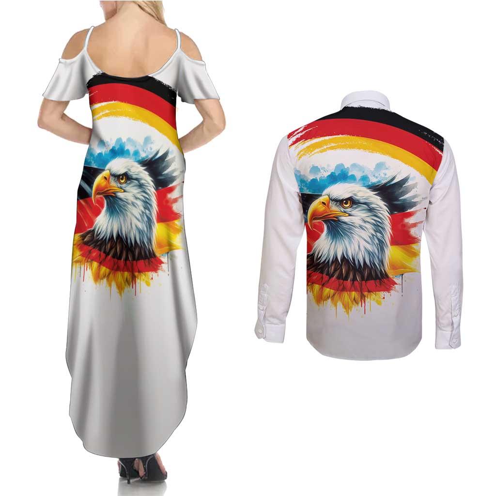 German Unity Day Couples Matching Summer Maxi Dress and Long Sleeve Button Shirt Germany Flag with Eagle Head and Emblem