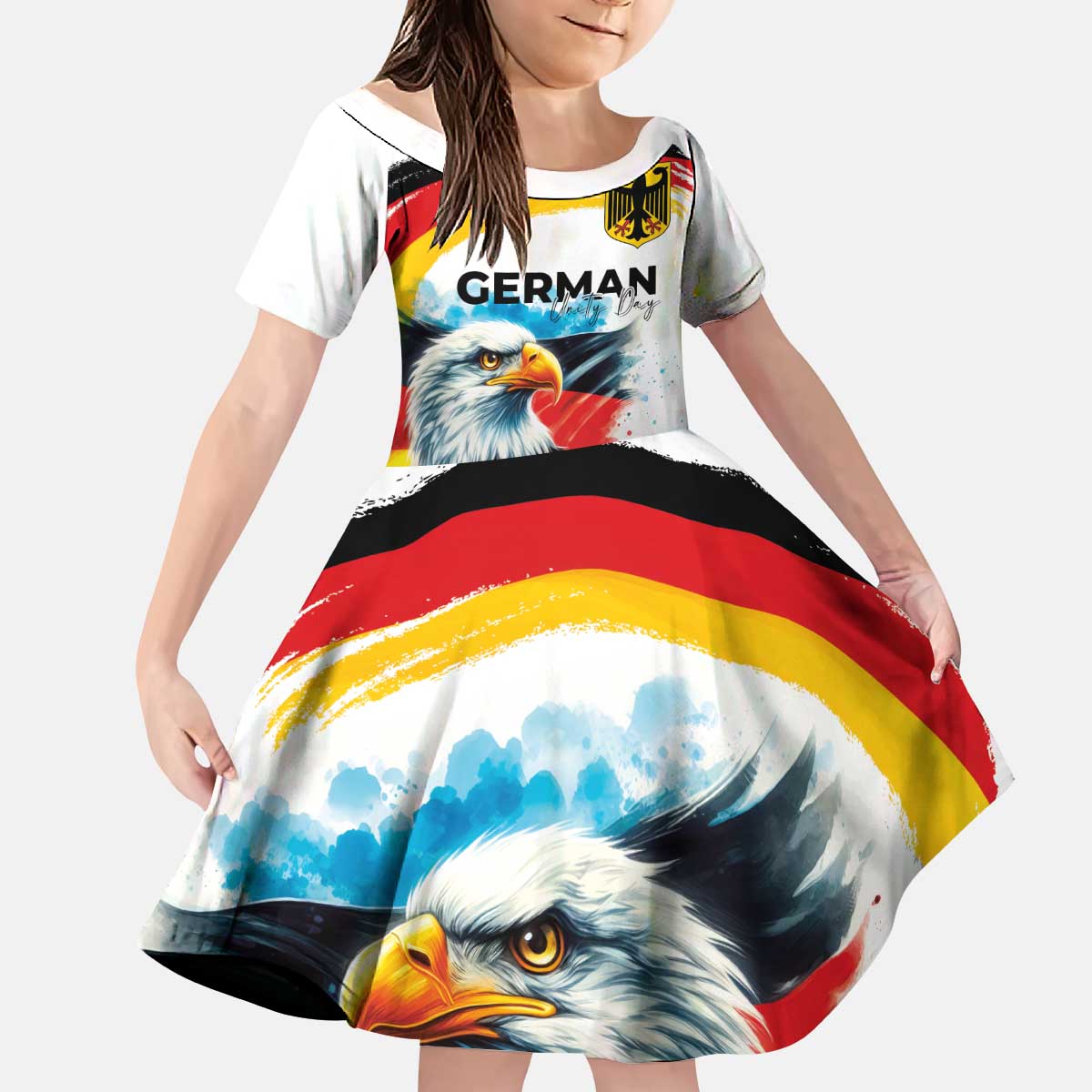 German Unity Day Kid Short Sleeve Dress Germany Flag with Eagle Head and Emblem