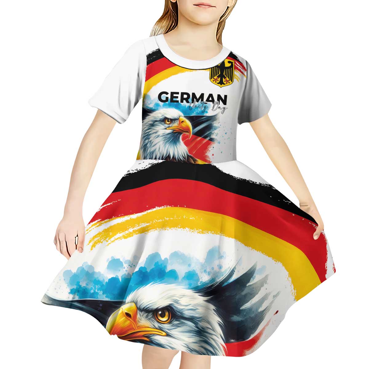German Unity Day Kid Short Sleeve Dress Germany Flag with Eagle Head and Emblem