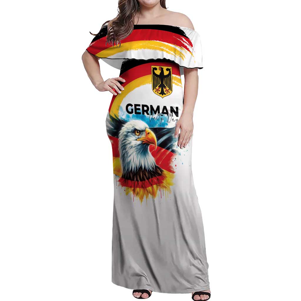 German Unity Day Off Shoulder Maxi Dress Germany Flag with Eagle Head and Emblem
