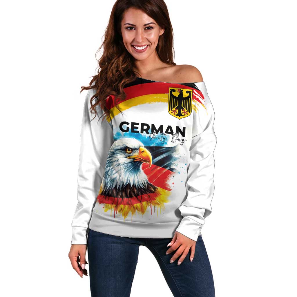 German Unity Day Off Shoulder Sweater Germany Flag with Eagle Head and Emblem