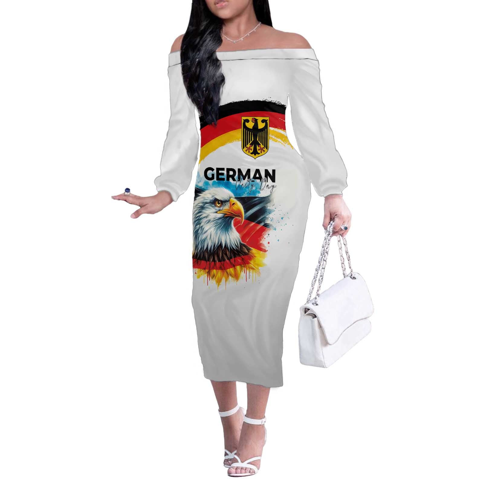 German Unity Day Off The Shoulder Long Sleeve Dress Germany Flag with Eagle Head and Emblem