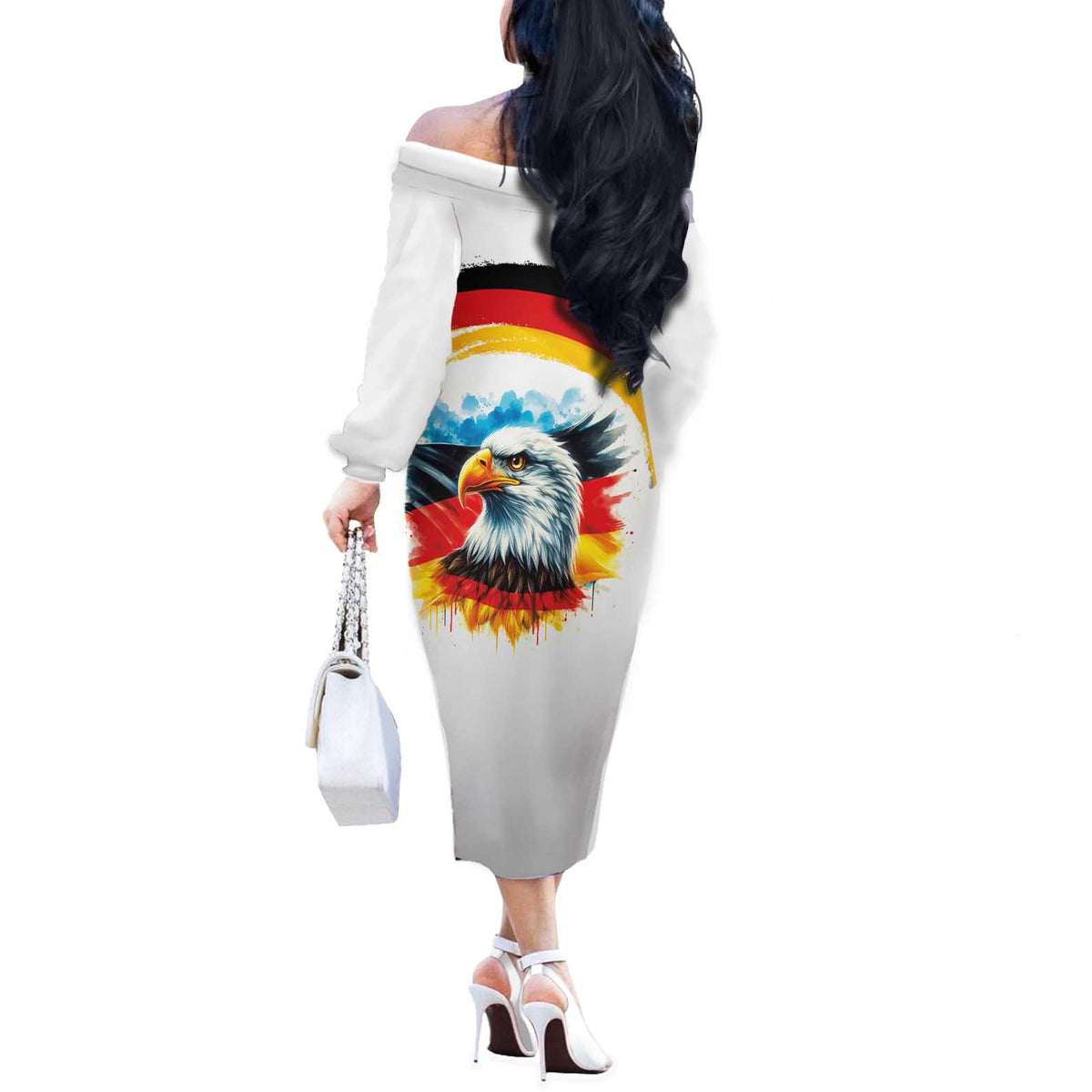German Unity Day Off The Shoulder Long Sleeve Dress Germany Flag with Eagle Head and Emblem