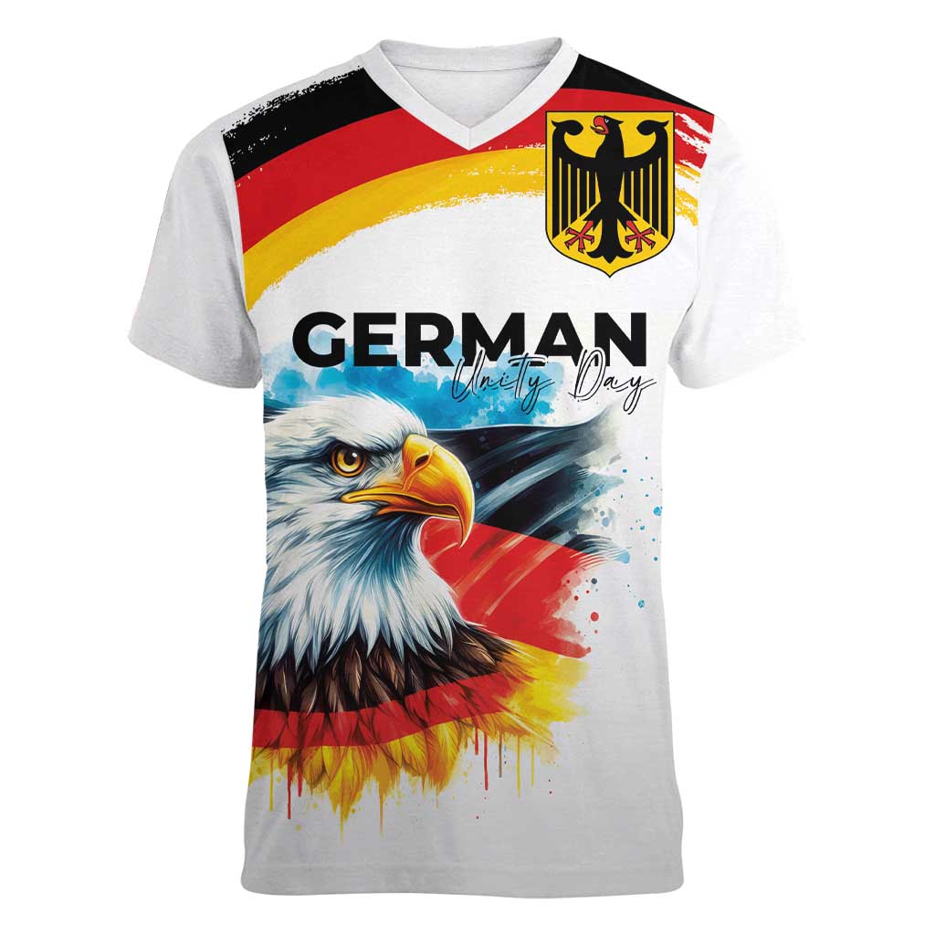 German Unity Day Women V-Neck T-Shirt Germany Flag with Eagle Head and Emblem