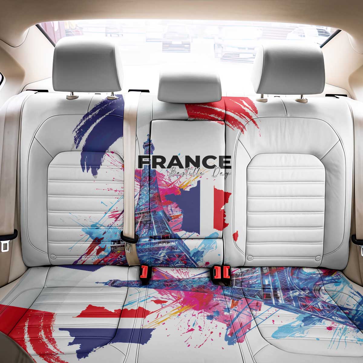 Bastille Day Back Car Seat Cover Eiffel Tower Brush Strokes Colorful with The Map