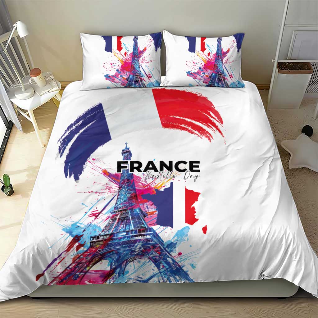 Bastille Day Bedding Set Eiffel Tower Brush Strokes Colorful with The Map