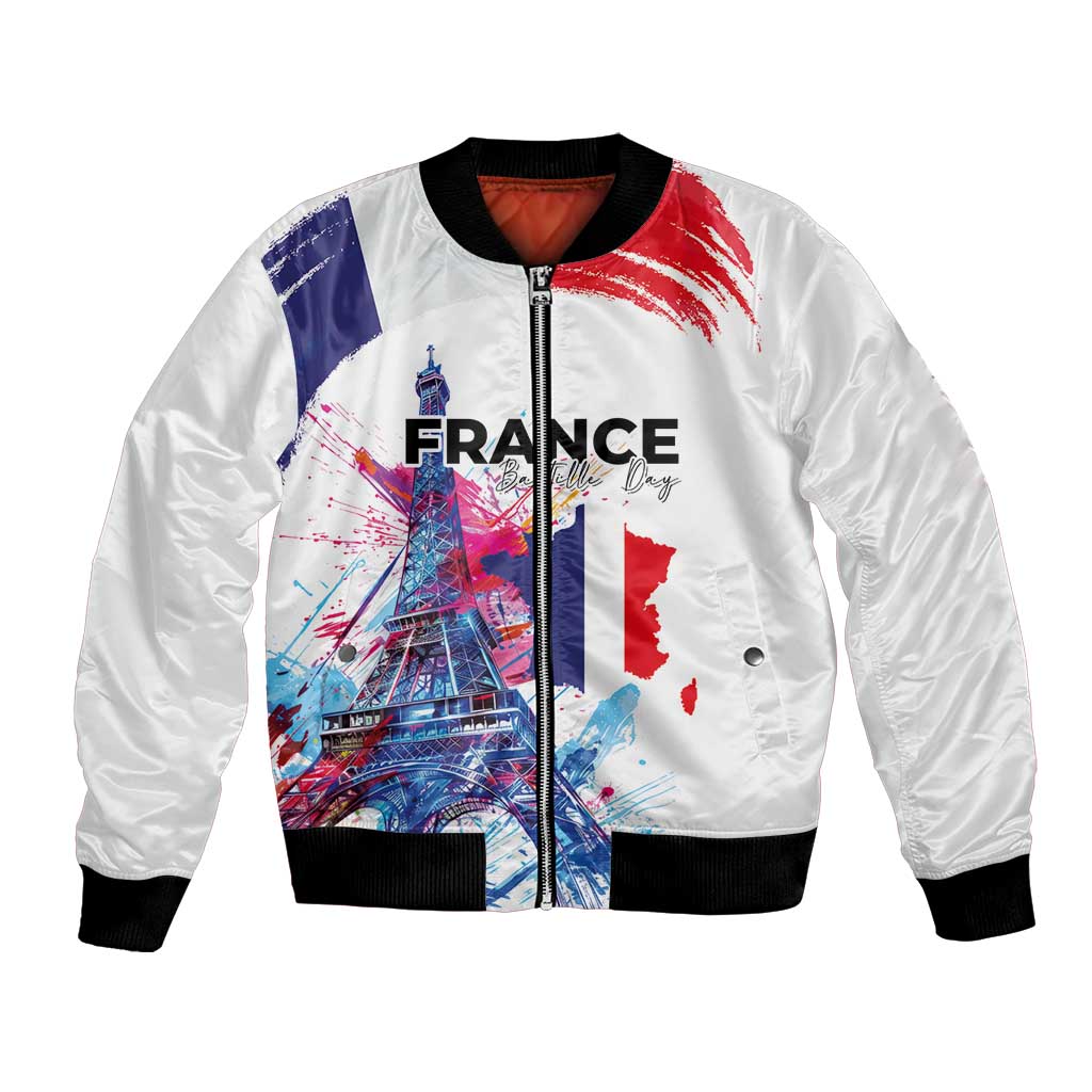 Bastille Day Bomber Jacket Eiffel Tower Brush Strokes Colorful with The Map