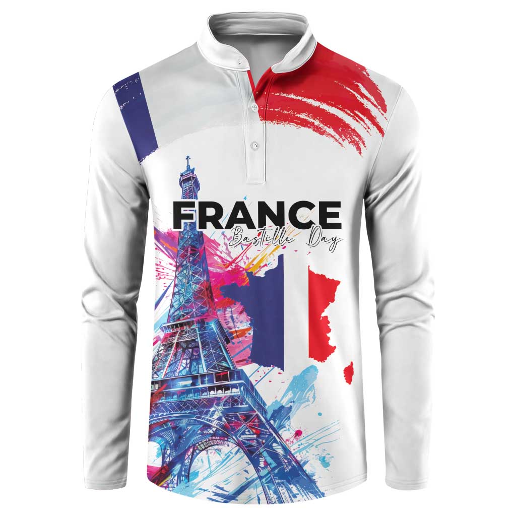 Bastille Day Button Sweatshirt Eiffel Tower Brush Strokes Colorful with The Map