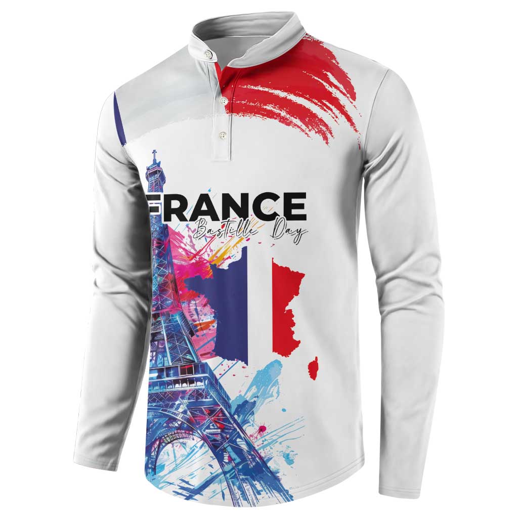 Bastille Day Button Sweatshirt Eiffel Tower Brush Strokes Colorful with The Map