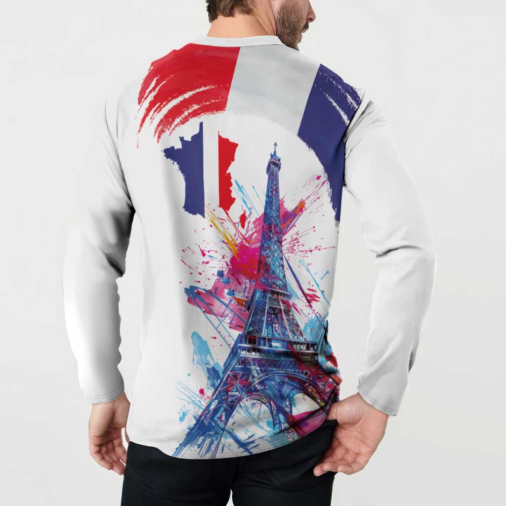 Bastille Day Button Sweatshirt Eiffel Tower Brush Strokes Colorful with The Map