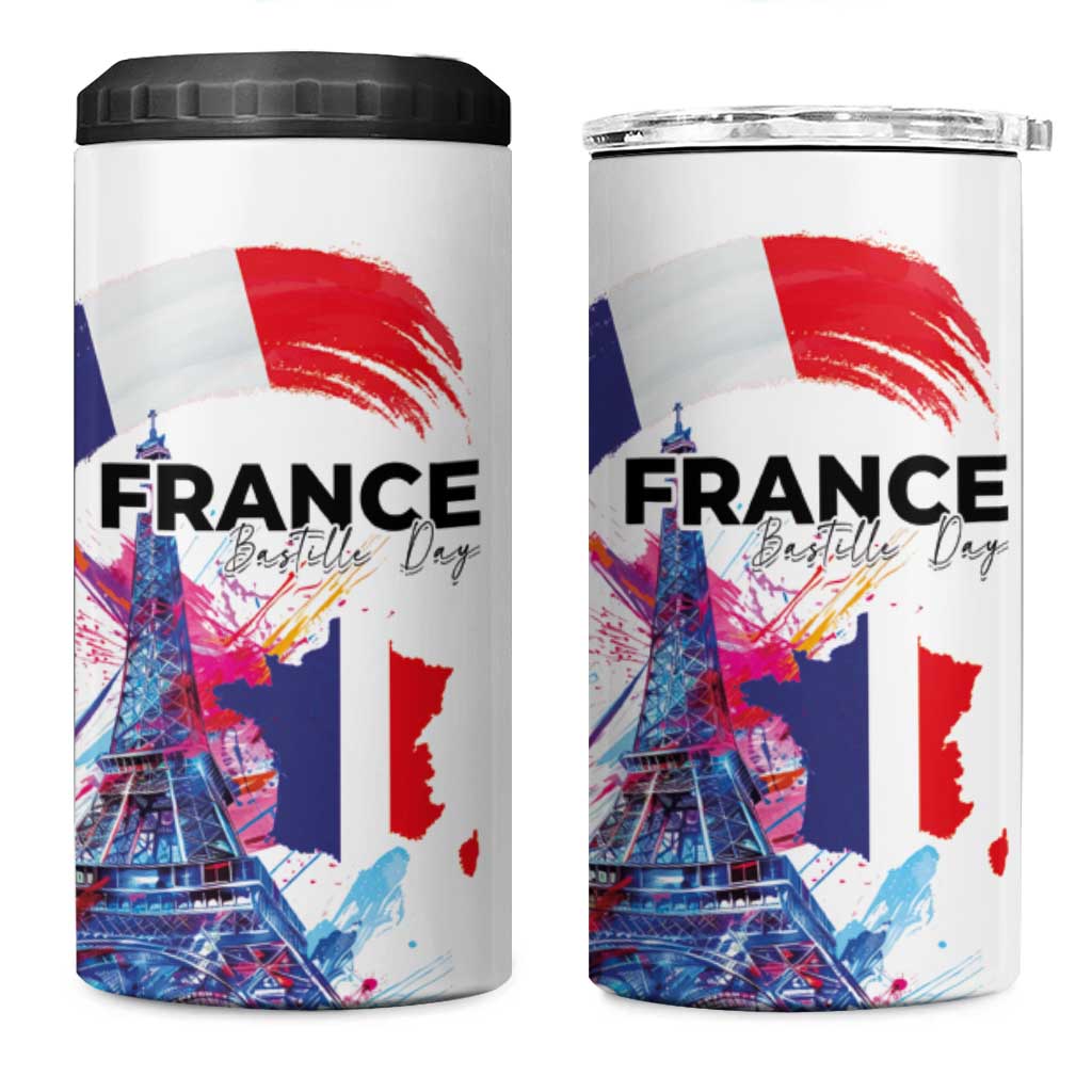 Bastille Day 4 in 1 Can Cooler Tumbler Eiffel Tower Brush Strokes Colorful with The Map