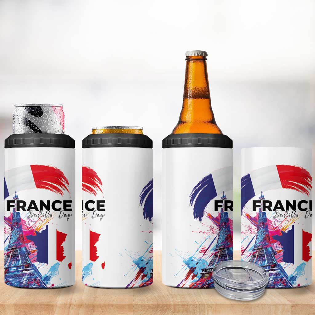 Bastille Day 4 in 1 Can Cooler Tumbler Eiffel Tower Brush Strokes Colorful with The Map