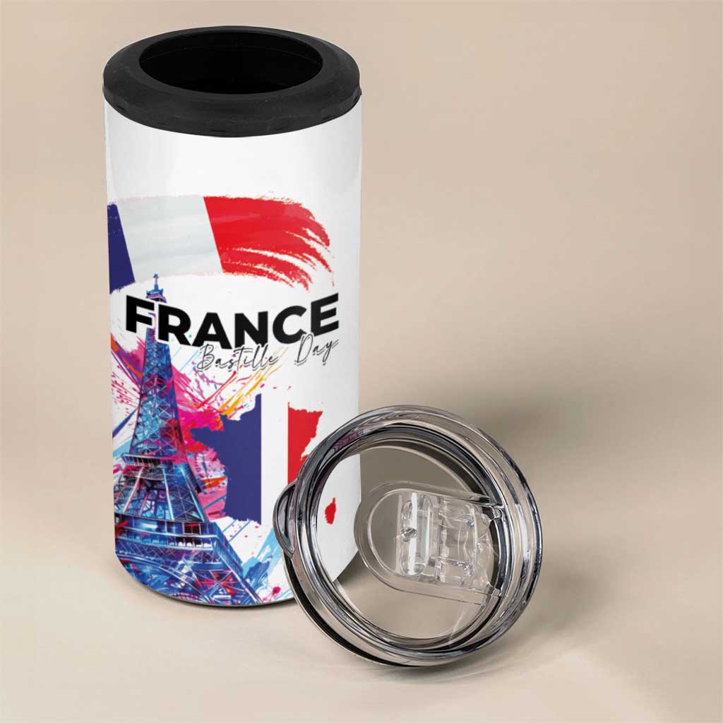 Bastille Day 4 in 1 Can Cooler Tumbler Eiffel Tower Brush Strokes Colorful with The Map