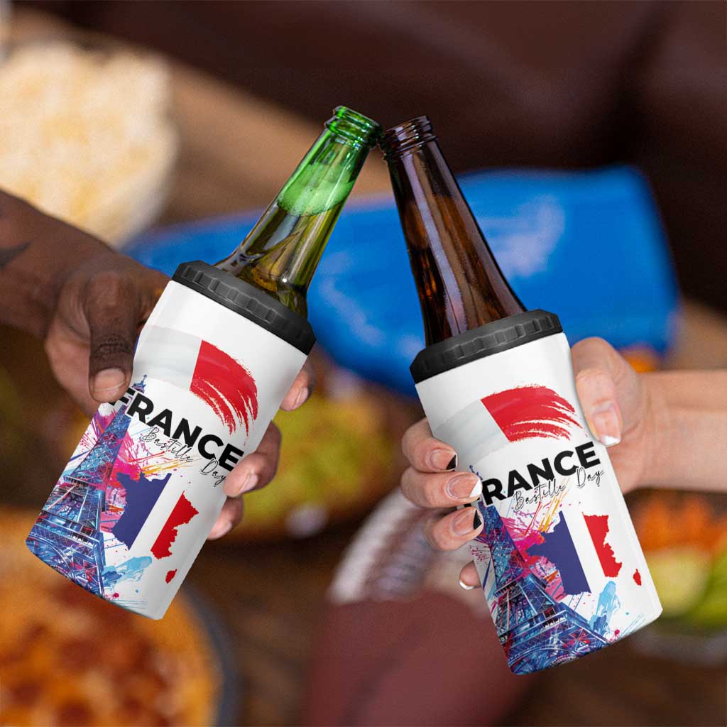 Bastille Day 4 in 1 Can Cooler Tumbler Eiffel Tower Brush Strokes Colorful with The Map