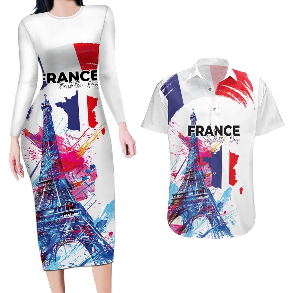Bastille Day Couples Matching Long Sleeve Bodycon Dress and Hawaiian Shirt Eiffel Tower Brush Strokes Colorful with The Map