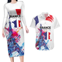 Bastille Day Couples Matching Long Sleeve Bodycon Dress and Hawaiian Shirt Eiffel Tower Brush Strokes Colorful with The Map