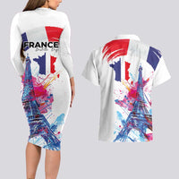 Bastille Day Couples Matching Long Sleeve Bodycon Dress and Hawaiian Shirt Eiffel Tower Brush Strokes Colorful with The Map