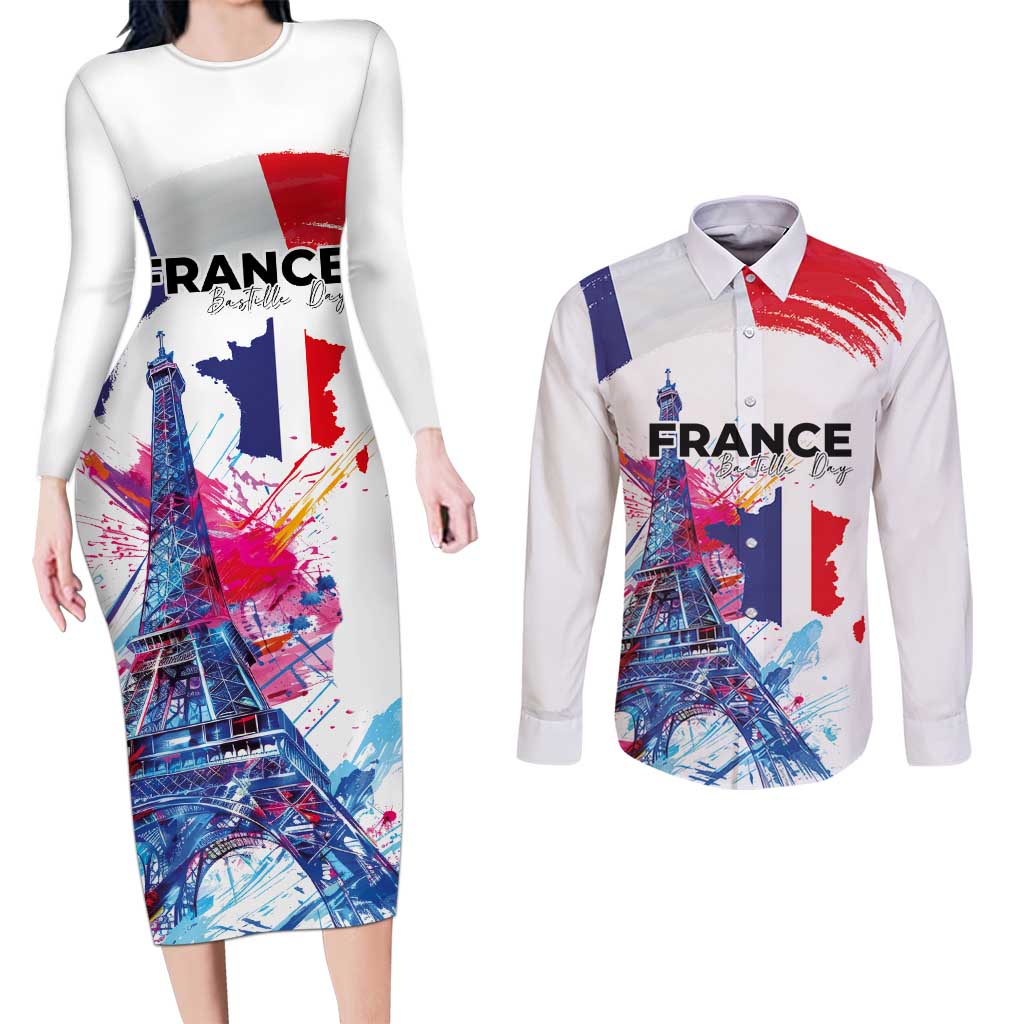 Bastille Day Couples Matching Long Sleeve Bodycon Dress and Long Sleeve Button Shirt Eiffel Tower Brush Strokes Colorful with The Map