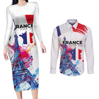 Bastille Day Couples Matching Long Sleeve Bodycon Dress and Long Sleeve Button Shirt Eiffel Tower Brush Strokes Colorful with The Map