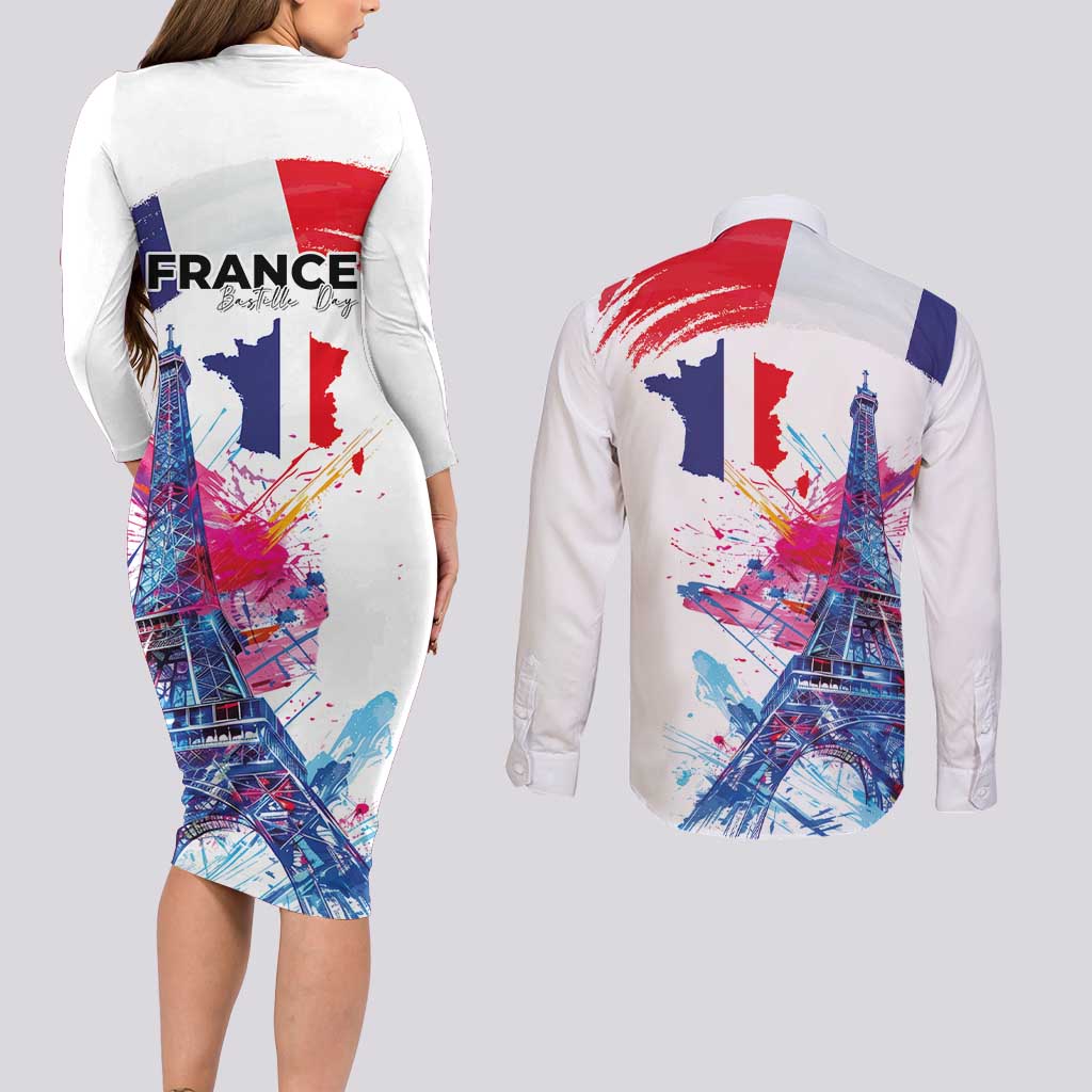 Bastille Day Couples Matching Long Sleeve Bodycon Dress and Long Sleeve Button Shirt Eiffel Tower Brush Strokes Colorful with The Map