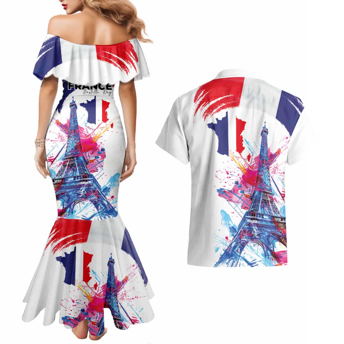Bastille Day Couples Matching Mermaid Dress and Hawaiian Shirt Eiffel Tower Brush Strokes Colorful with The Map