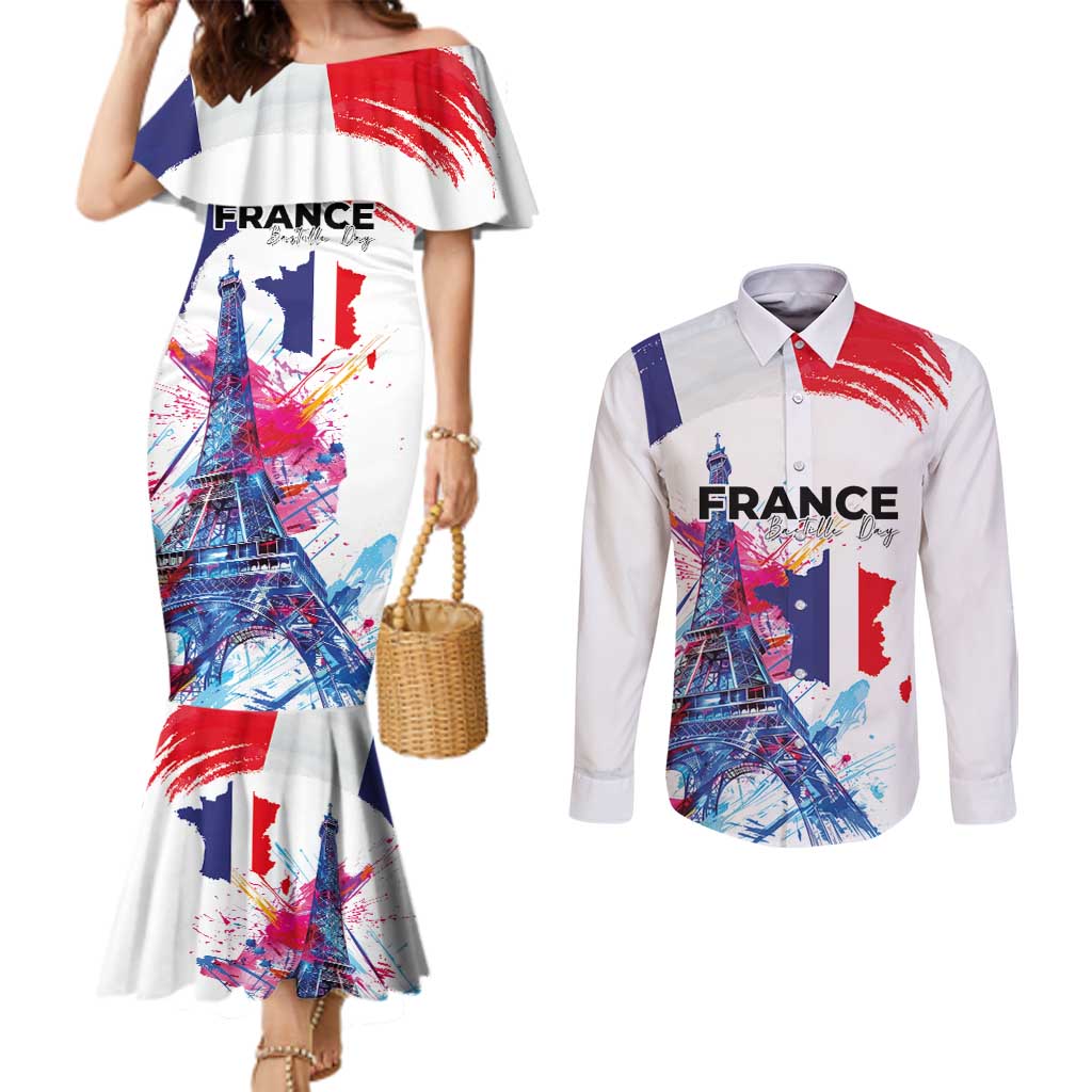 Bastille Day Couples Matching Mermaid Dress and Long Sleeve Button Shirt Eiffel Tower Brush Strokes Colorful with The Map