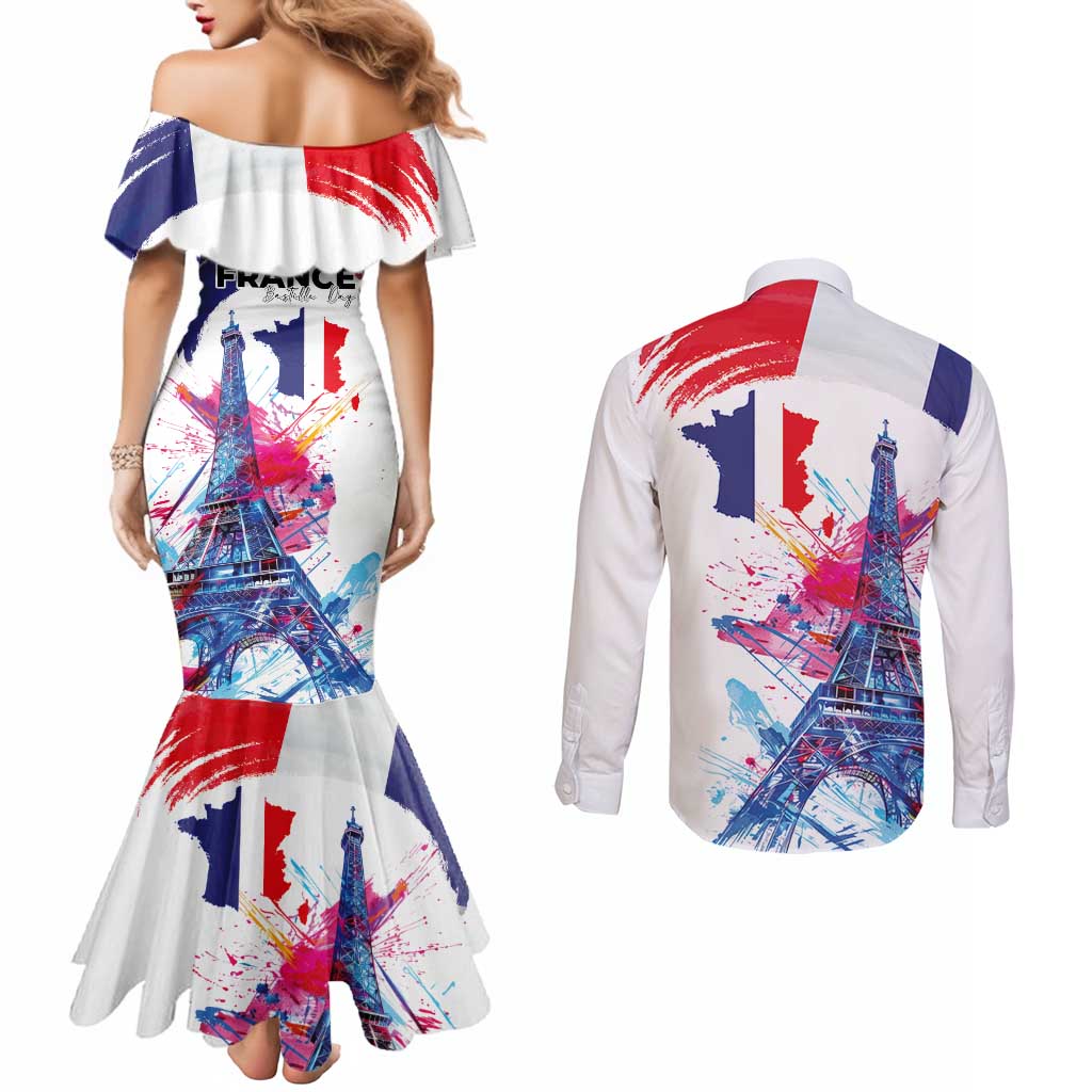Bastille Day Couples Matching Mermaid Dress and Long Sleeve Button Shirt Eiffel Tower Brush Strokes Colorful with The Map