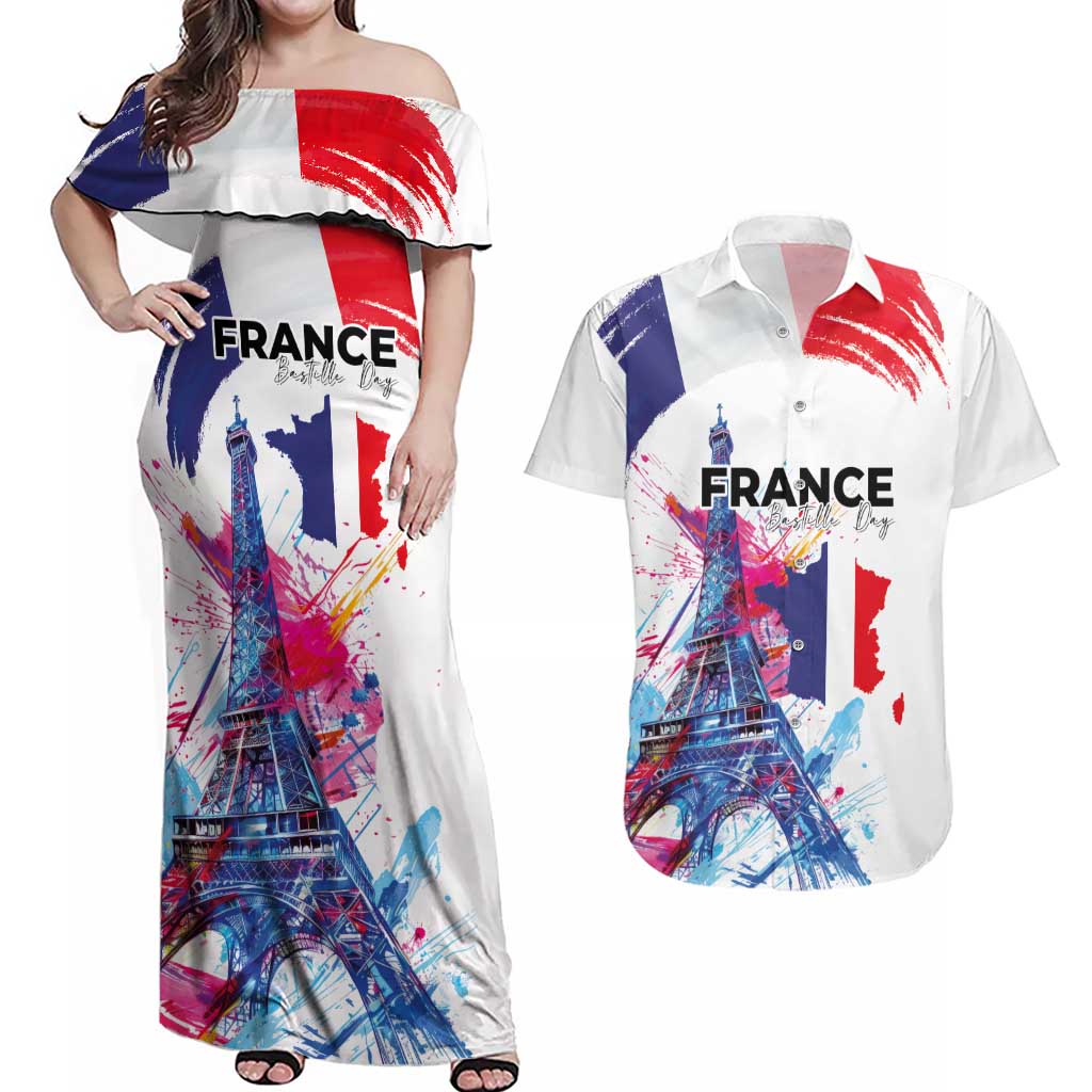 Bastille Day Couples Matching Off Shoulder Maxi Dress and Hawaiian Shirt Eiffel Tower Brush Strokes Colorful with The Map