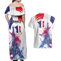 Bastille Day Couples Matching Off Shoulder Maxi Dress and Hawaiian Shirt Eiffel Tower Brush Strokes Colorful with The Map