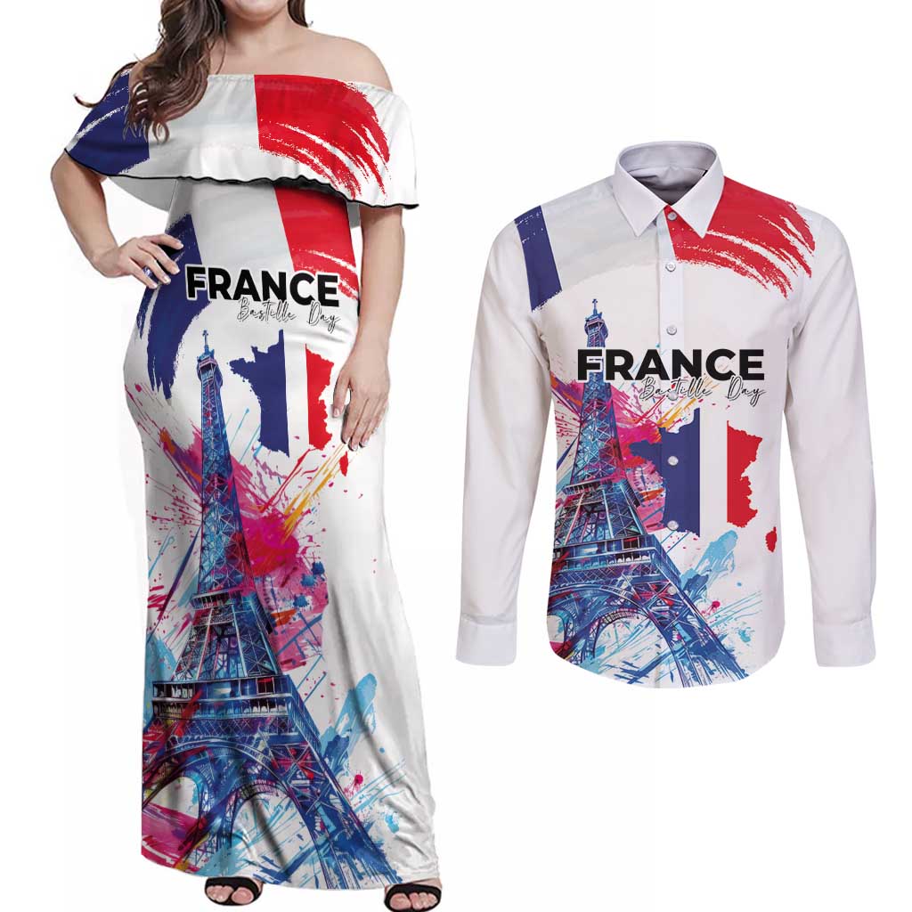 Bastille Day Couples Matching Off Shoulder Maxi Dress and Long Sleeve Button Shirt Eiffel Tower Brush Strokes Colorful with The Map