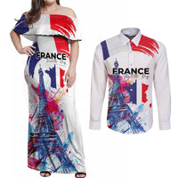 Bastille Day Couples Matching Off Shoulder Maxi Dress and Long Sleeve Button Shirt Eiffel Tower Brush Strokes Colorful with The Map