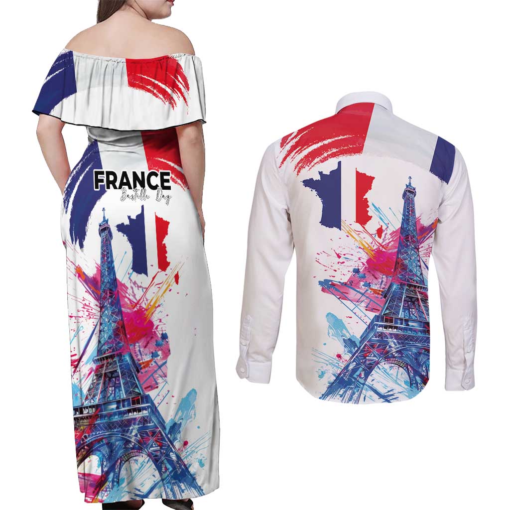 Bastille Day Couples Matching Off Shoulder Maxi Dress and Long Sleeve Button Shirt Eiffel Tower Brush Strokes Colorful with The Map