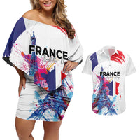 Bastille Day Couples Matching Off Shoulder Short Dress and Hawaiian Shirt Eiffel Tower Brush Strokes Colorful with The Map