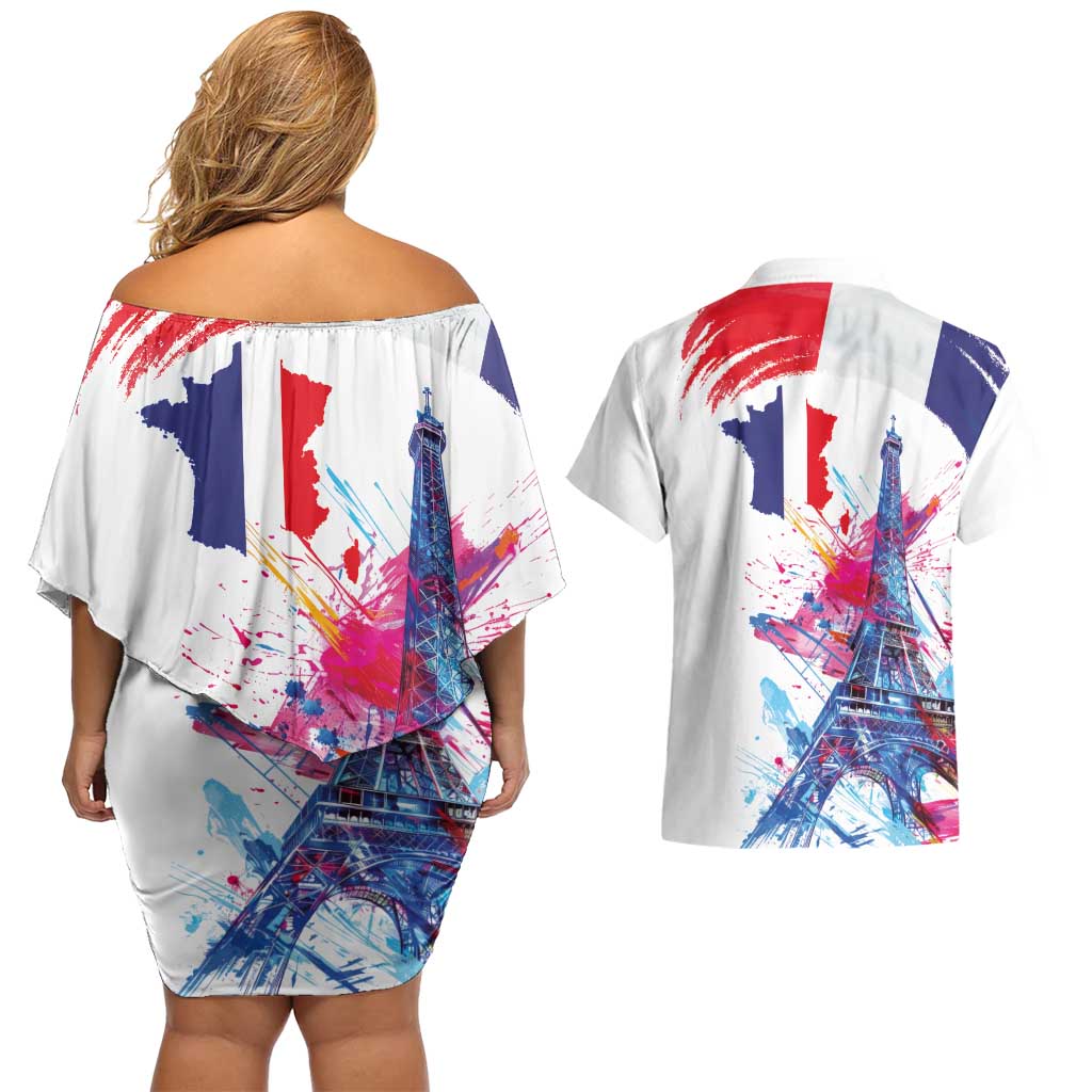 Bastille Day Couples Matching Off Shoulder Short Dress and Hawaiian Shirt Eiffel Tower Brush Strokes Colorful with The Map