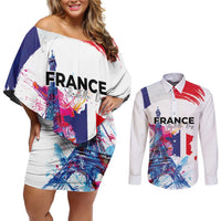 Bastille Day Couples Matching Off Shoulder Short Dress and Long Sleeve Button Shirt Eiffel Tower Brush Strokes Colorful with The Map
