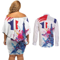 Bastille Day Couples Matching Off Shoulder Short Dress and Long Sleeve Button Shirt Eiffel Tower Brush Strokes Colorful with The Map
