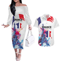 Bastille Day Couples Matching Off The Shoulder Long Sleeve Dress and Hawaiian Shirt Eiffel Tower Brush Strokes Colorful with The Map
