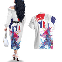 Bastille Day Couples Matching Off The Shoulder Long Sleeve Dress and Hawaiian Shirt Eiffel Tower Brush Strokes Colorful with The Map