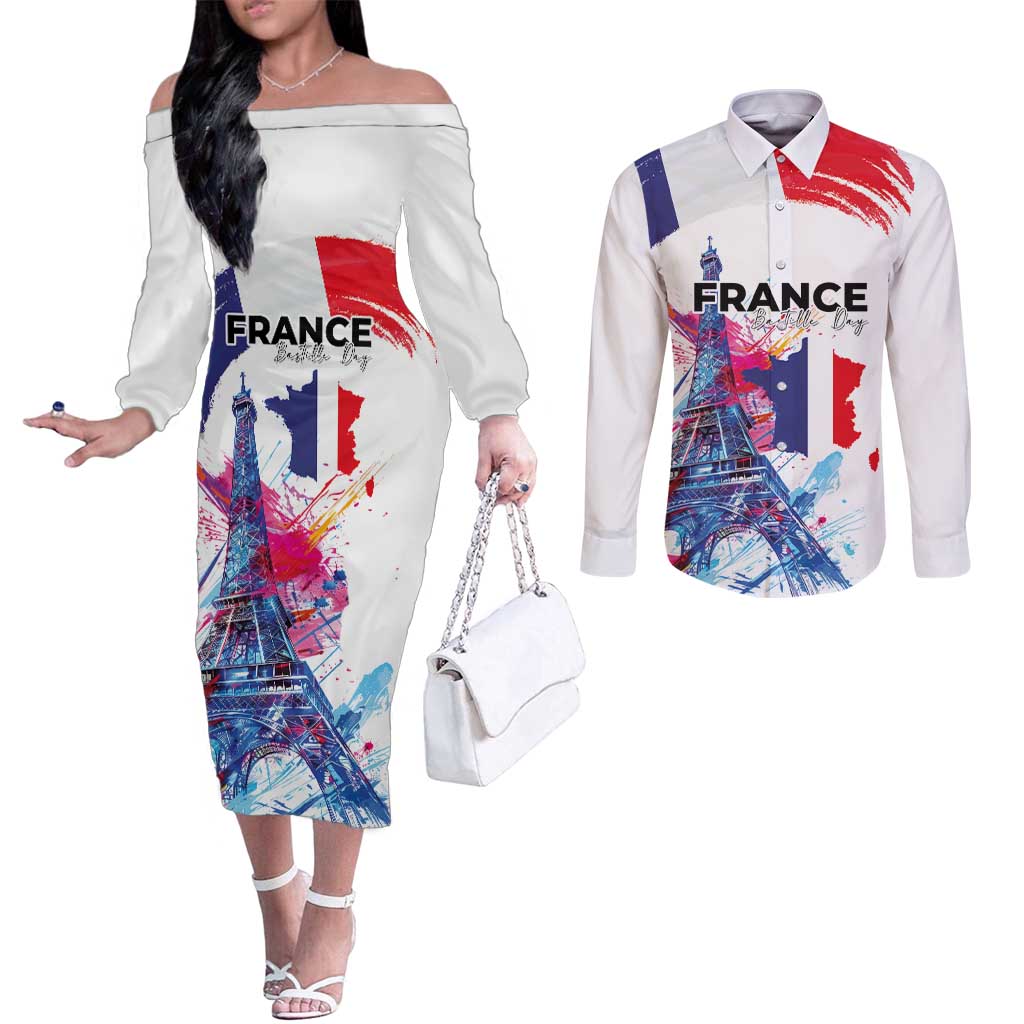 Bastille Day Couples Matching Off The Shoulder Long Sleeve Dress and Long Sleeve Button Shirt Eiffel Tower Brush Strokes Colorful with The Map