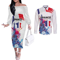 Bastille Day Couples Matching Off The Shoulder Long Sleeve Dress and Long Sleeve Button Shirt Eiffel Tower Brush Strokes Colorful with The Map