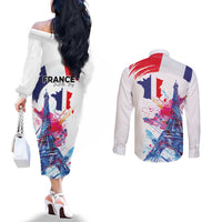 Bastille Day Couples Matching Off The Shoulder Long Sleeve Dress and Long Sleeve Button Shirt Eiffel Tower Brush Strokes Colorful with The Map