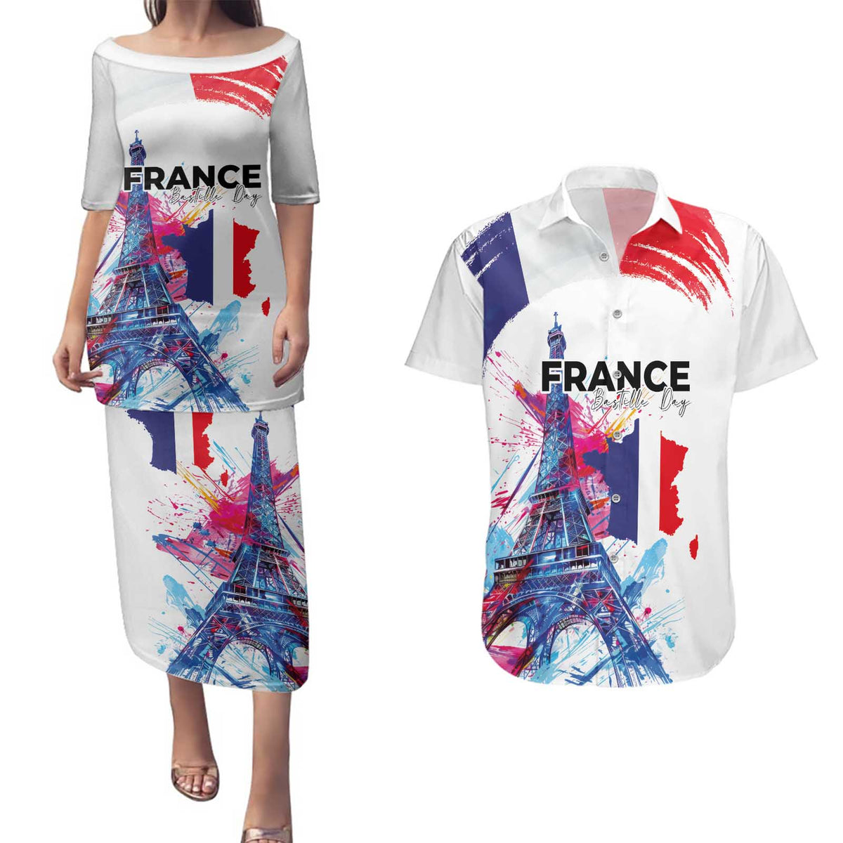 Bastille Day Couples Matching Puletasi and Hawaiian Shirt Eiffel Tower Brush Strokes Colorful with The Map