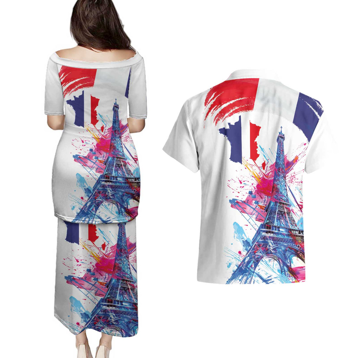 Bastille Day Couples Matching Puletasi and Hawaiian Shirt Eiffel Tower Brush Strokes Colorful with The Map