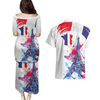 Bastille Day Couples Matching Puletasi and Hawaiian Shirt Eiffel Tower Brush Strokes Colorful with The Map