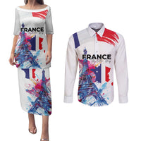 Bastille Day Couples Matching Puletasi and Long Sleeve Button Shirt Eiffel Tower Brush Strokes Colorful with The Map