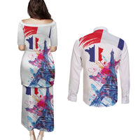 Bastille Day Couples Matching Puletasi and Long Sleeve Button Shirt Eiffel Tower Brush Strokes Colorful with The Map