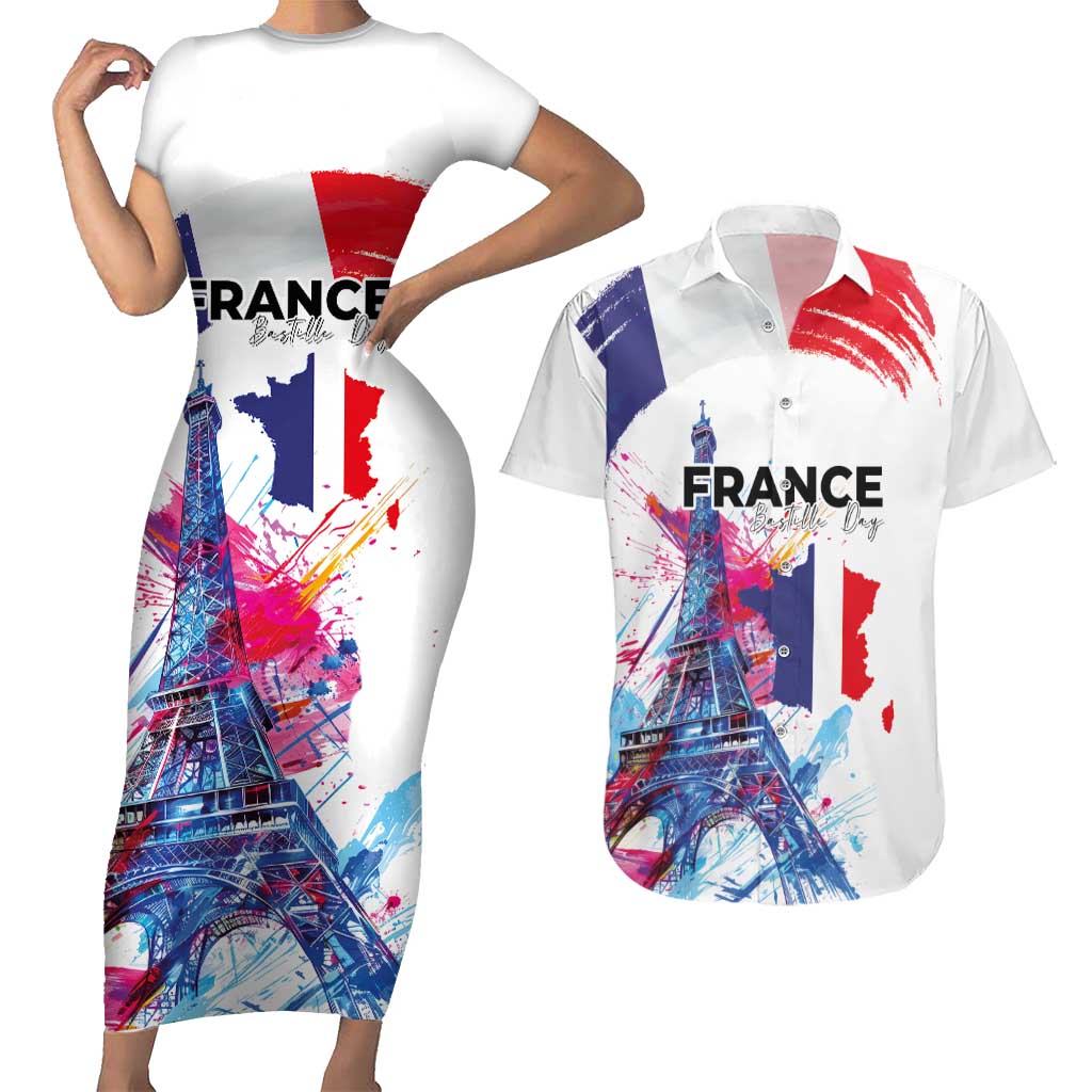 Bastille Day Couples Matching Short Sleeve Bodycon Dress and Hawaiian Shirt Eiffel Tower Brush Strokes Colorful with The Map