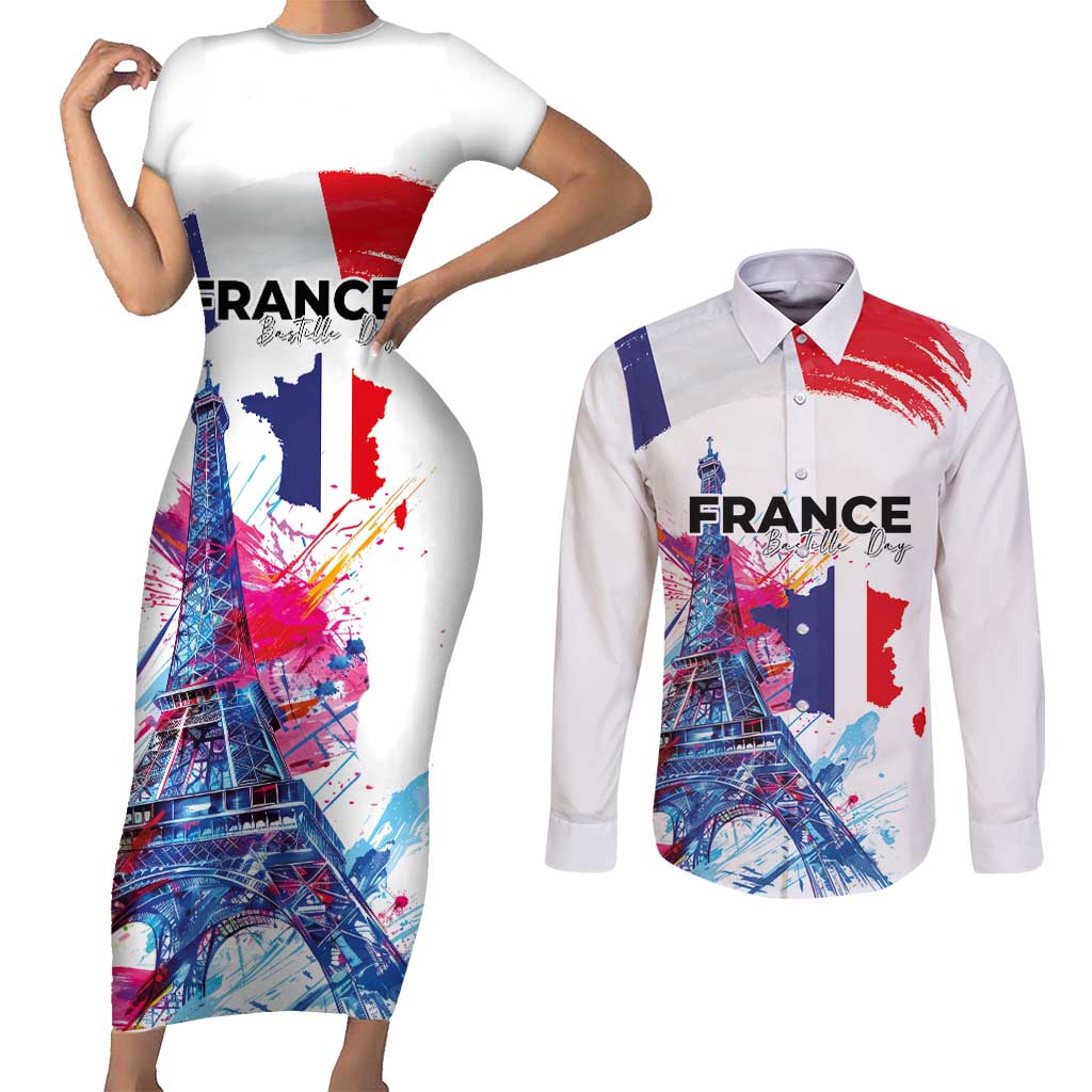 Bastille Day Couples Matching Short Sleeve Bodycon Dress and Long Sleeve Button Shirt Eiffel Tower Brush Strokes Colorful with The Map